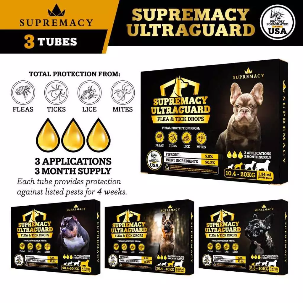 Supremacy Ultra Guard Drops Treatment Dogs Kills Parasite Protection Against Fleas Ticks Lice Mites For Dog Size 2.3KG to 10KG