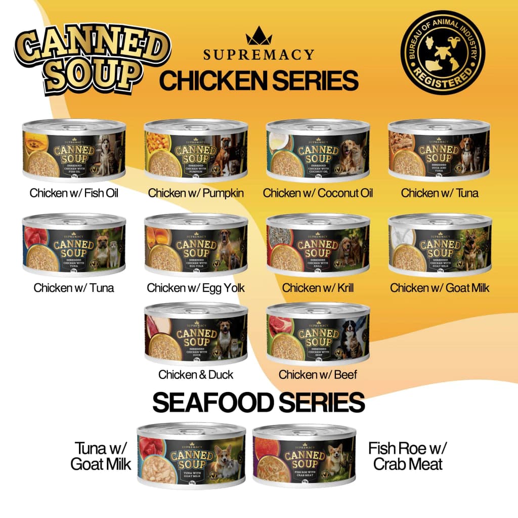 Supremacy Canned Soup Food Topper 85g Low Salt 0.3% For Picky Eater Dogs & Cats All Breeds Booster