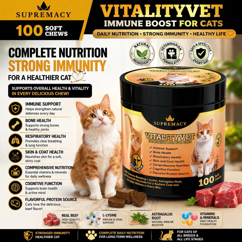 Supremacy Vitality Vet Immune Boost Cat Treats Skin & Coat Support Wellness Multivitamins Beef