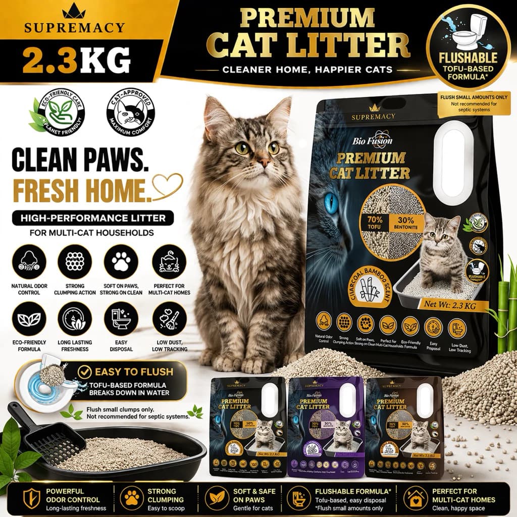 Supremacy Premium Cat Litter 70% Tofu 30% Bentonite Flushable Strong Clump Powerful Odor Control