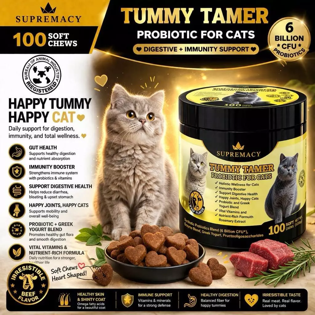 Supremacy Tummy Tamer Probiotics for Cats Beef Flavor Daily Digestive Wellness Formula with Pumpkin