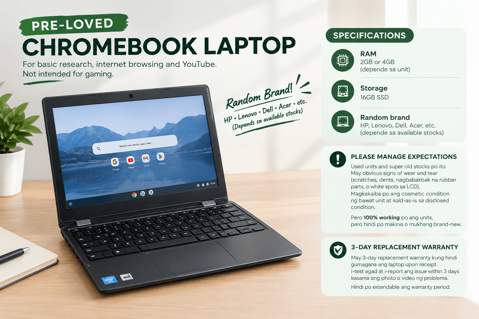 RANDOM PRE-LOVED CHROMEBOOK BASIC LAPTOP