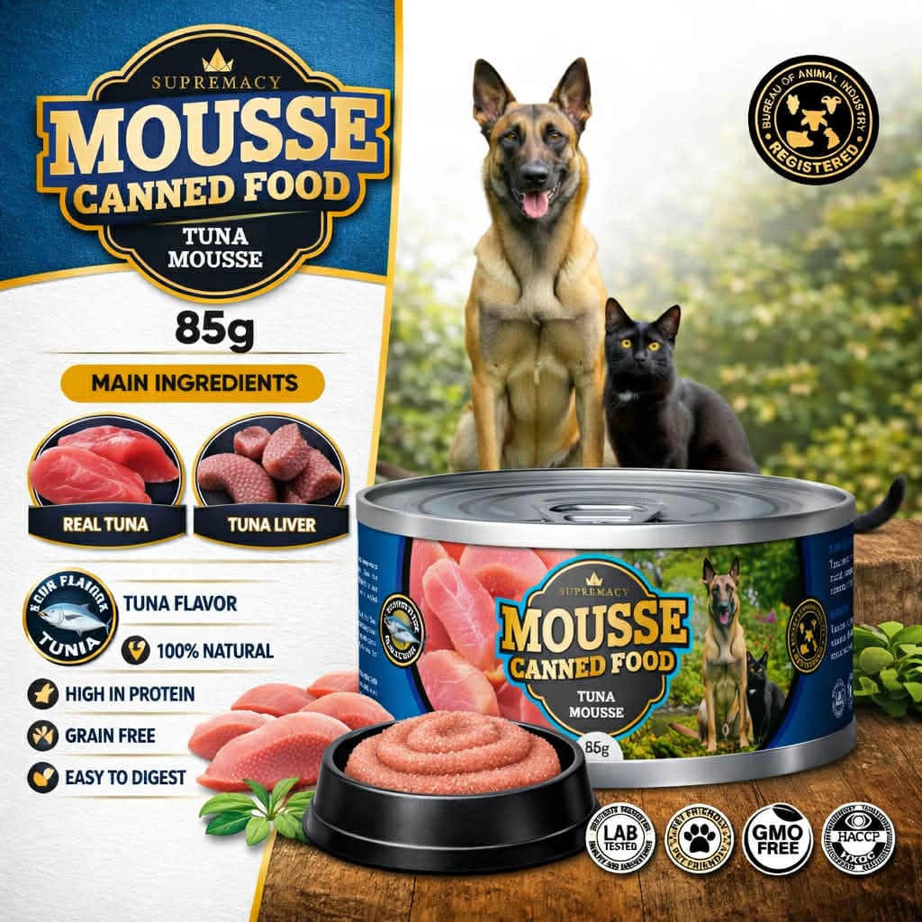 Supremacy Tuna Mousse 35% Protein Wet Food Topper 85g Low Salt 0.3% For Picky Eater Cats & Dogs
