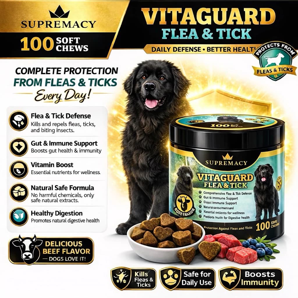 Supremacy Vita Guard Dog Vitamins Flea & Tick Support Prebiotics Beef Gut Health External Parasite