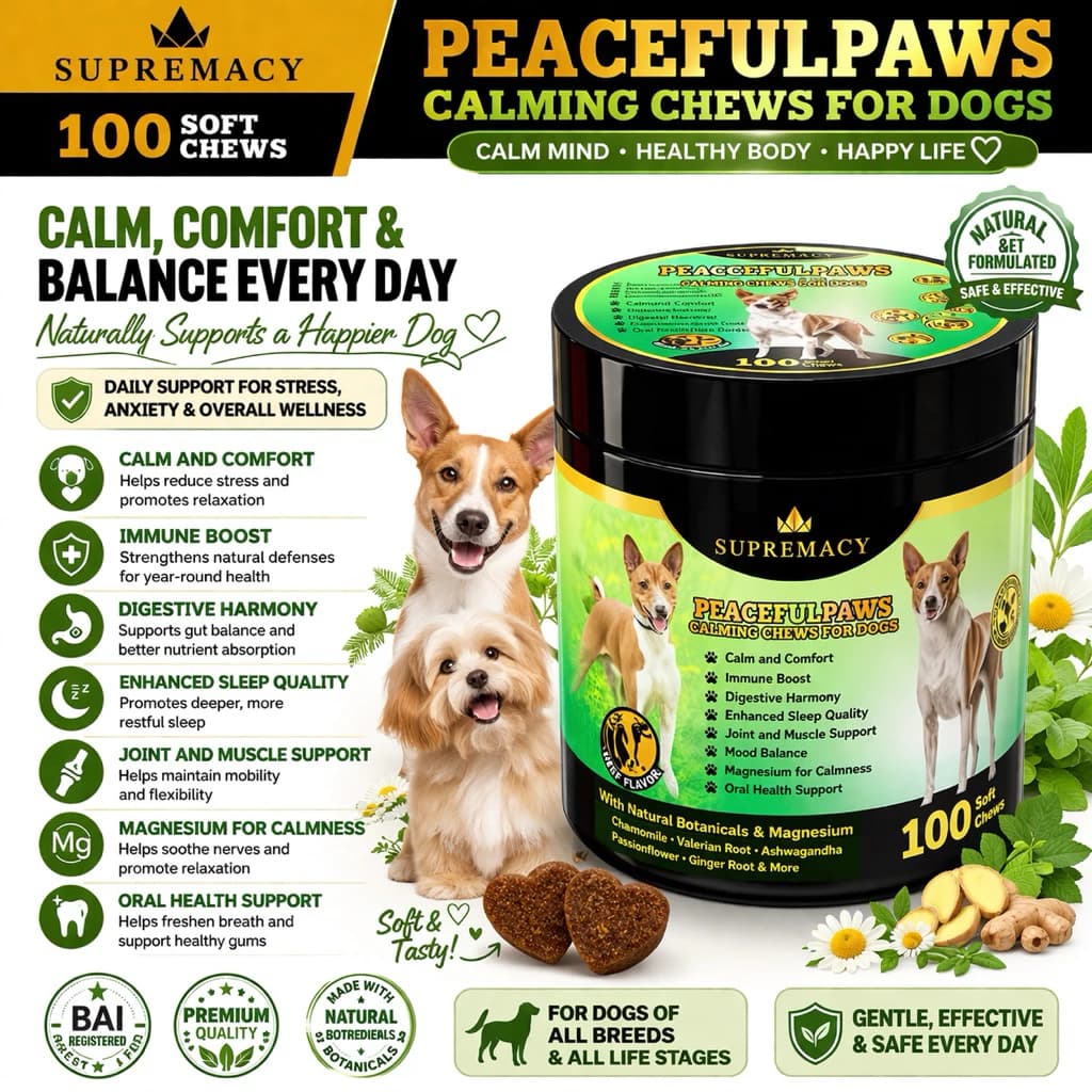 Supremacy Peaceful Paws Calming Treats For Dogs Supports Relaxation Sleep Quality & Immune Support