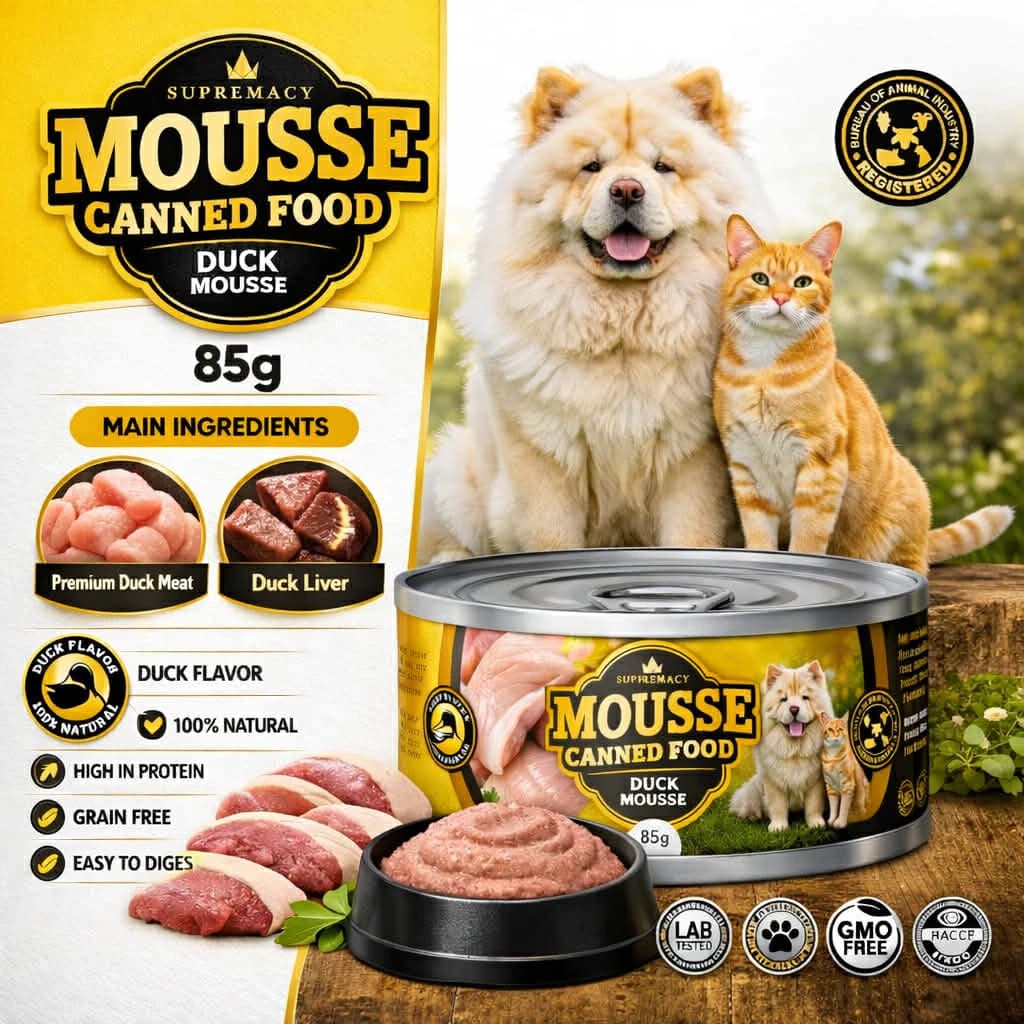 Supremacy Duck Mousse 35% Protein Wet Food Topper 85g Low Salt 0.3% For Picky Eater Cats & Dogs