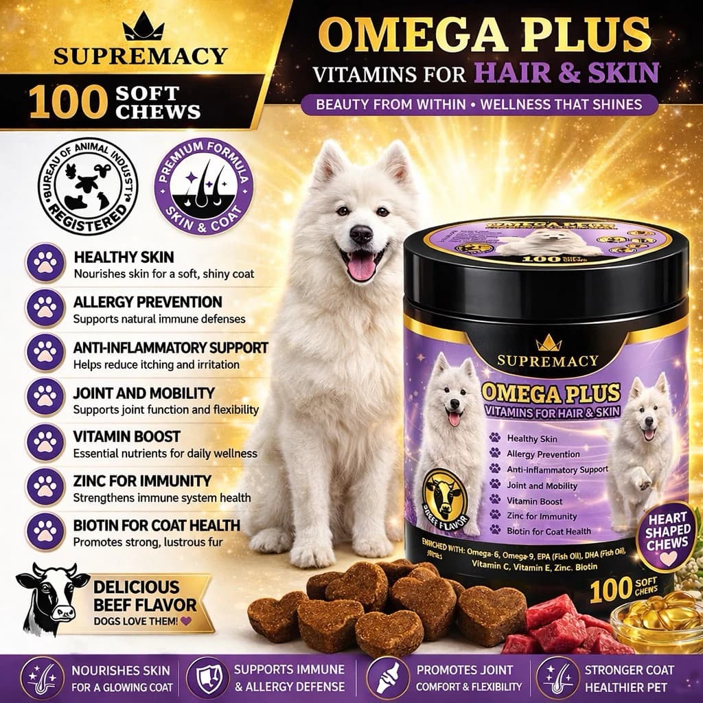 Supremacy Omega Plus Dogs Treats Beef Flavor Supports Glowing Coat Healthy Skin Probiotics Vitamins