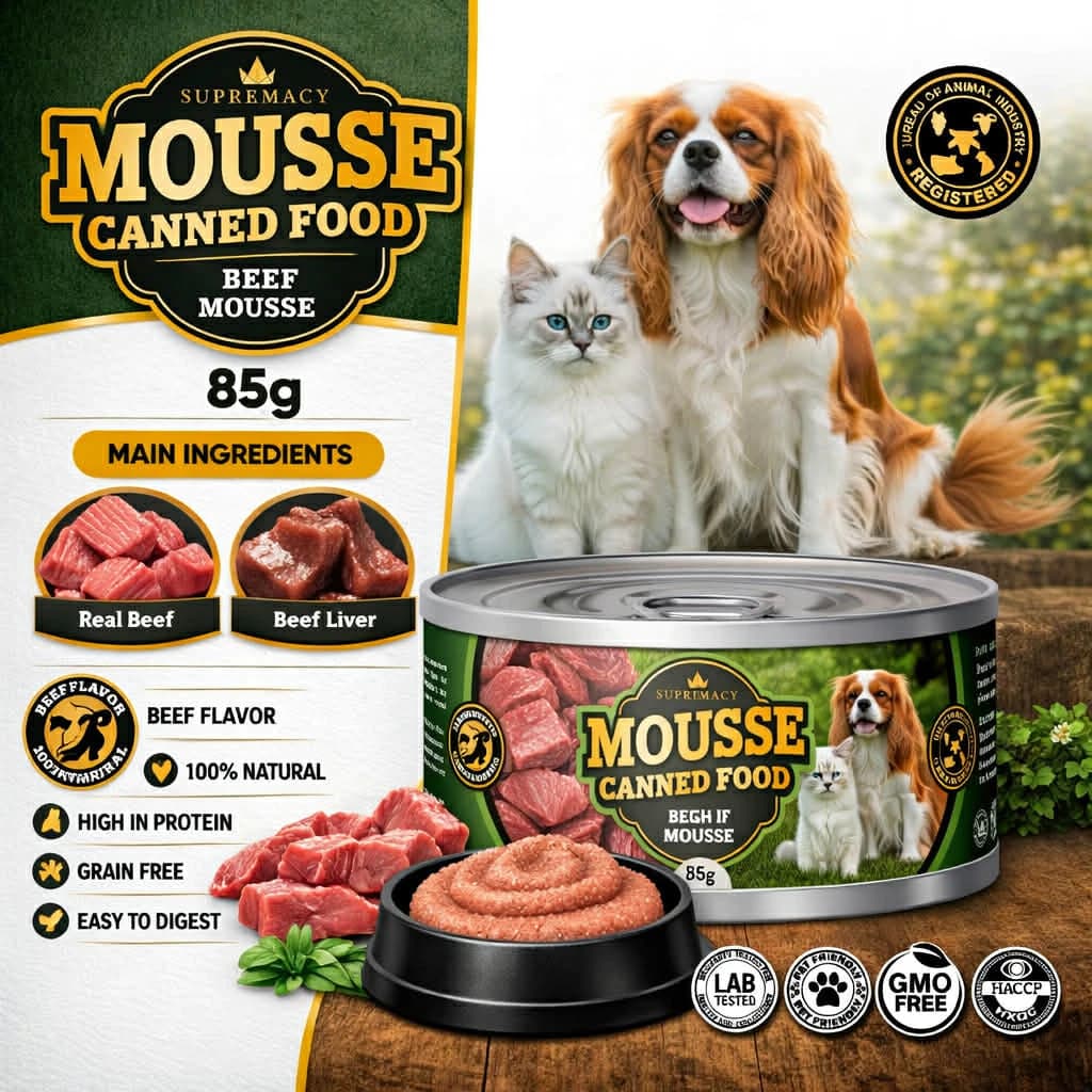 Supremacy Beef Mousse 35% Protein Wet Food Topper 85g Low Salt 0.3% For Picky Eaters Cats & Dogs