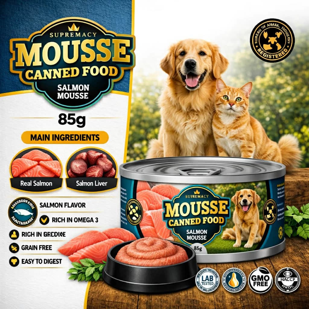 Supremacy Salmon Mousse 35% Protein Wet Food Topper 85g Low Salt 0.3% Picky Eaters For Cats & Dogs