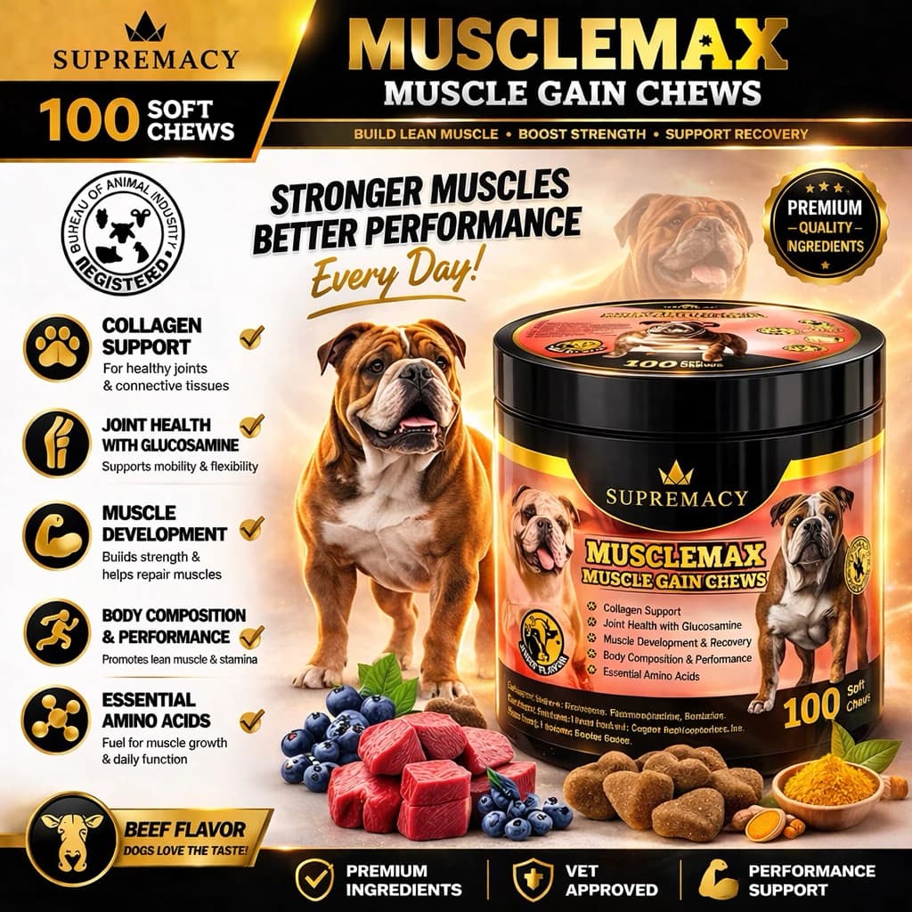 Supremacy Muscle Max Dog Treats & Vitamins Support Beef Growth & Strength Conditioning High-Protein
